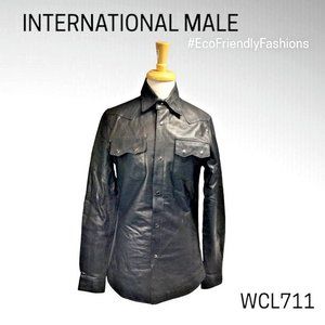 International Male Black Long Sleeve Button-Up Leather Jacket Size S